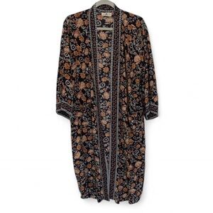 Natural Life Black Boho Floral Open Front Short Sleeve Robe Kimono
